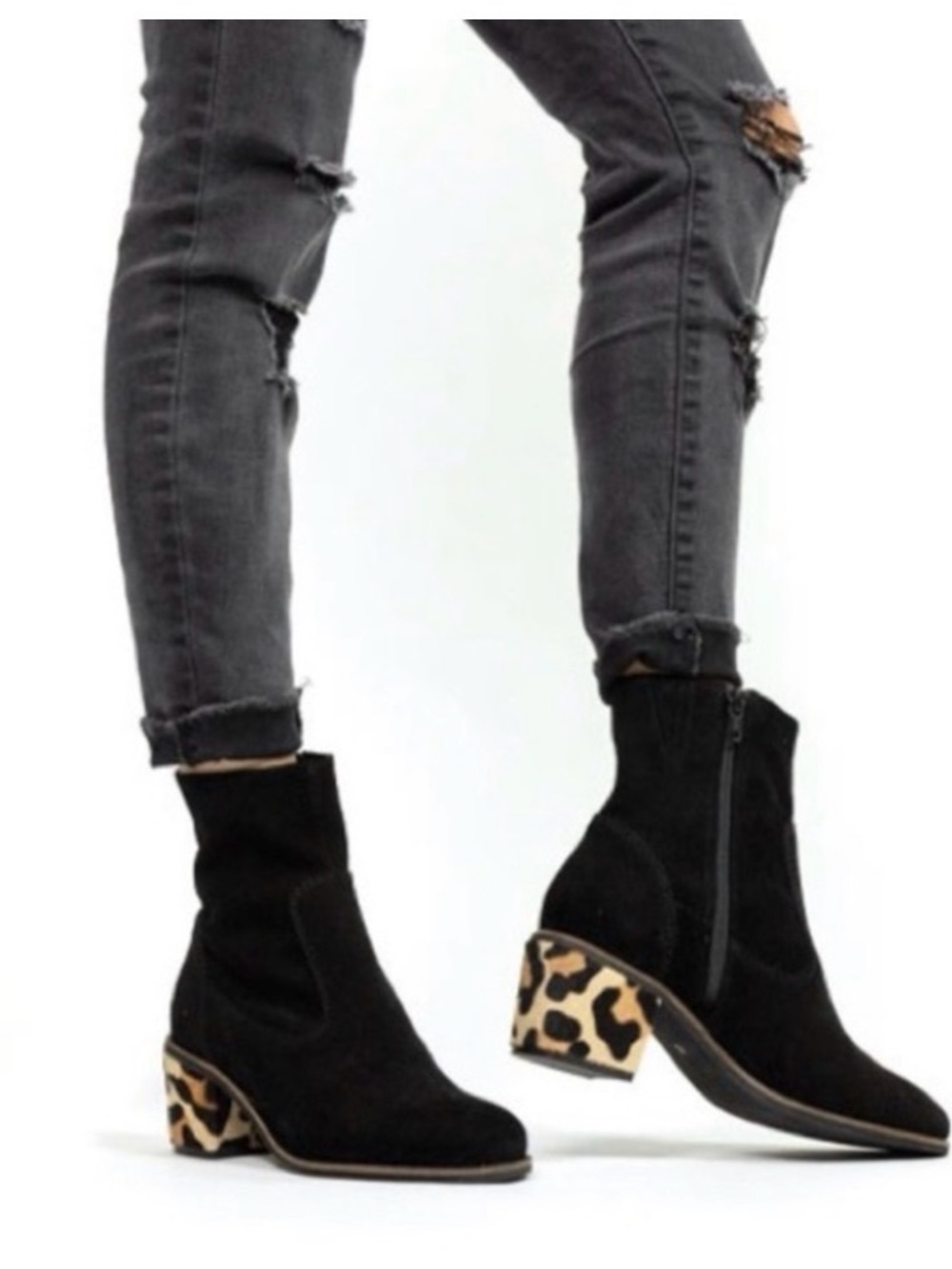 Crevo Jade Black Suede Ankle Boots with Leopard-Print Block Heel, 7